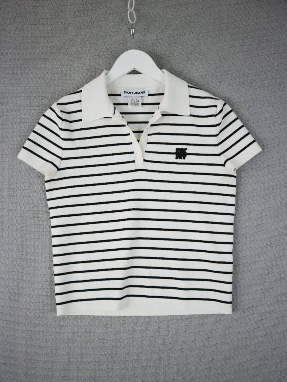DKNY Jeans Stripped Stretchy Cropped Collared Polo Shirt Womens Medium